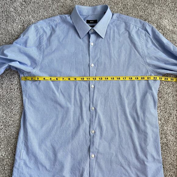 BOSS Hugo Boss Men's 17 (36/37) Blue Sharp Fit Classic Plaid Button Down Shirt - Picture 12 of 15